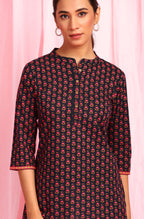 Janasya Women's Deep Blue Cotton Floral Print Straight Tunic | Grocsy