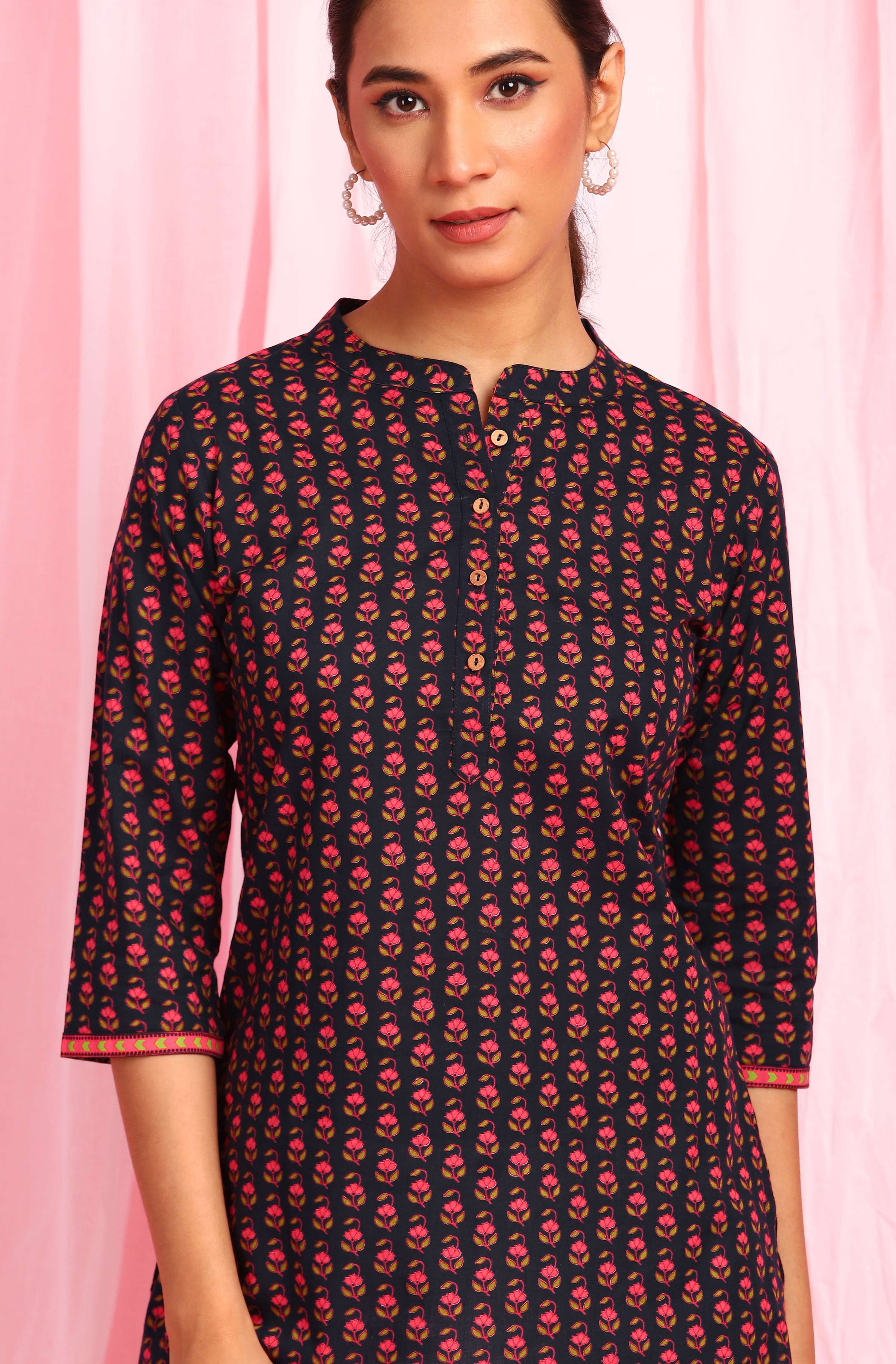 Janasya Women's Deep Blue Cotton Floral Print Straight Tunic | Grocsy