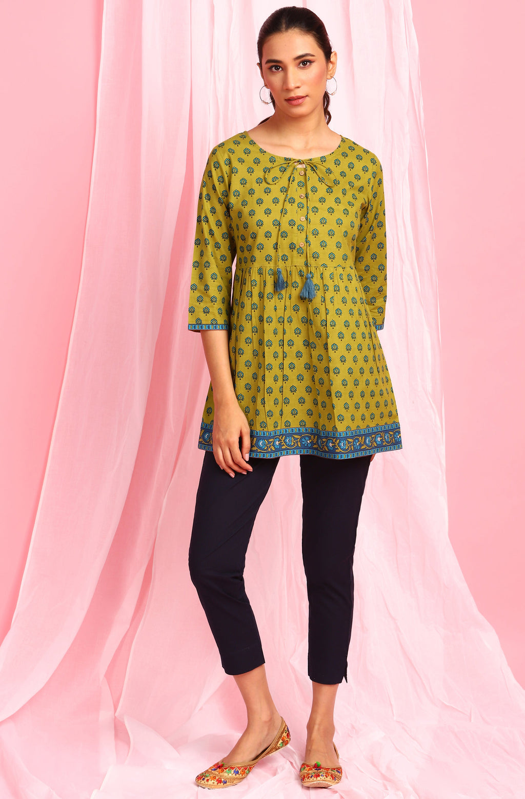 Janasya Women's Green Cotton Ethnic Motifs Empire Waist Tunic | Grocsy