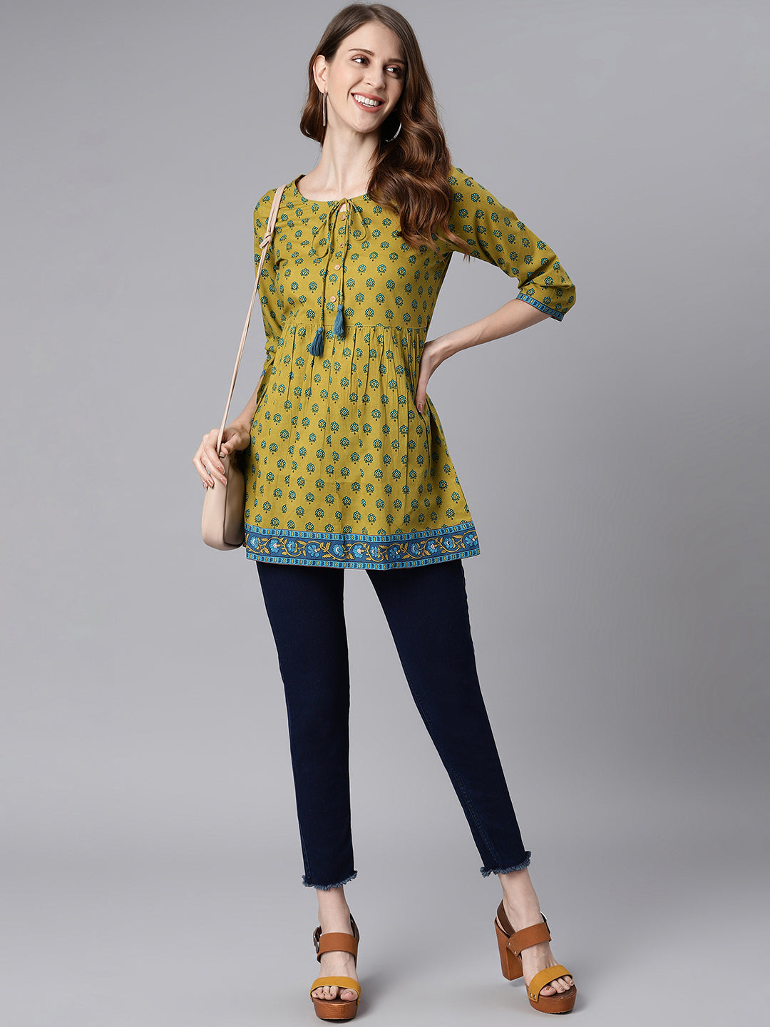 Janasya Women's Green Cotton Ethnic Motifs Empire Waist Tunic | Grocsy