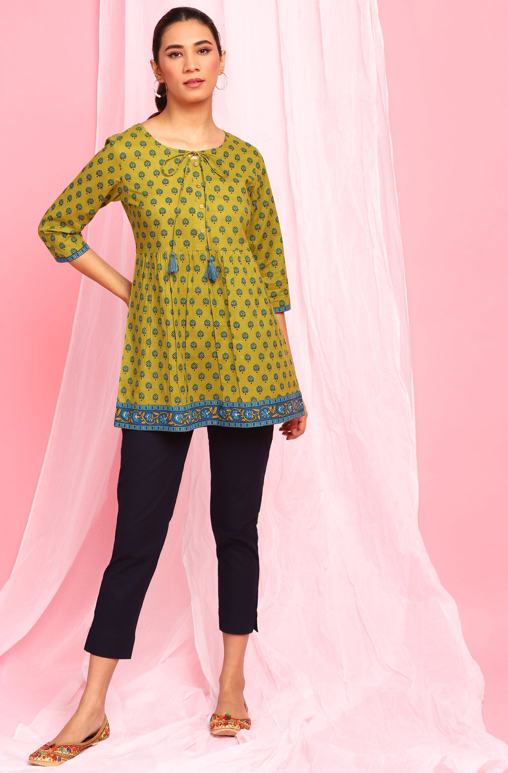 Janasya Women's Green Cotton Ethnic Motifs Empire Waist Tunic | Grocsy