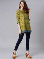 Janasya Women's Green Cotton Ethnic Motifs Empire Waist Tunic | Grocsy
