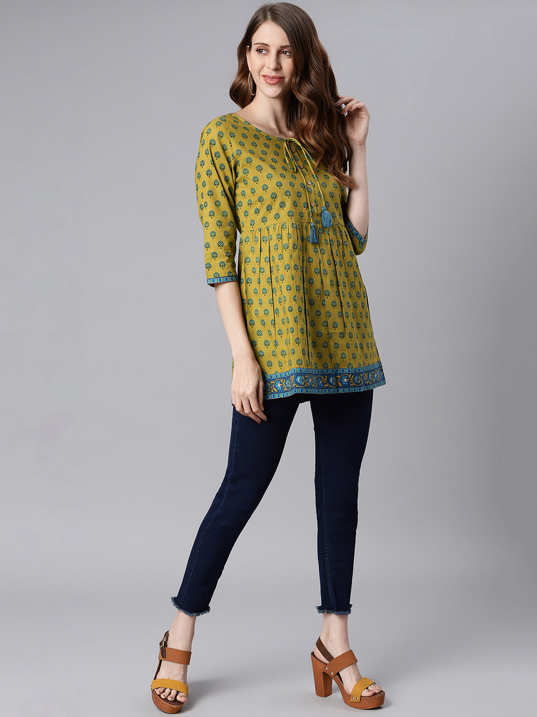 Janasya Women's Green Cotton Ethnic Motifs Empire Waist Tunic | Grocsy