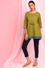 Janasya Women's Green Cotton Ethnic Motifs Empire Waist Tunic | Grocsy