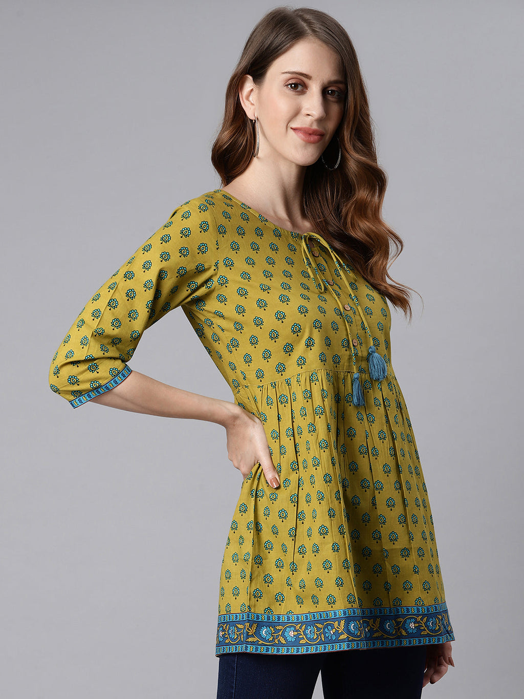Janasya Women's Green Cotton Ethnic Motifs Empire Waist Tunic | Grocsy
