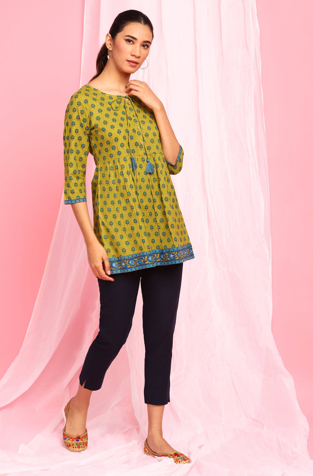 Janasya Women's Green Cotton Ethnic Motifs Empire Waist Tunic | Grocsy