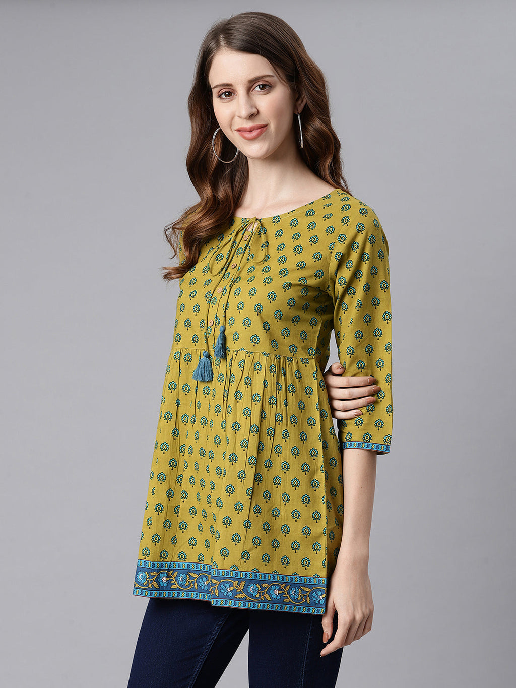 Janasya Women's Green Cotton Ethnic Motifs Empire Waist Tunic | Grocsy