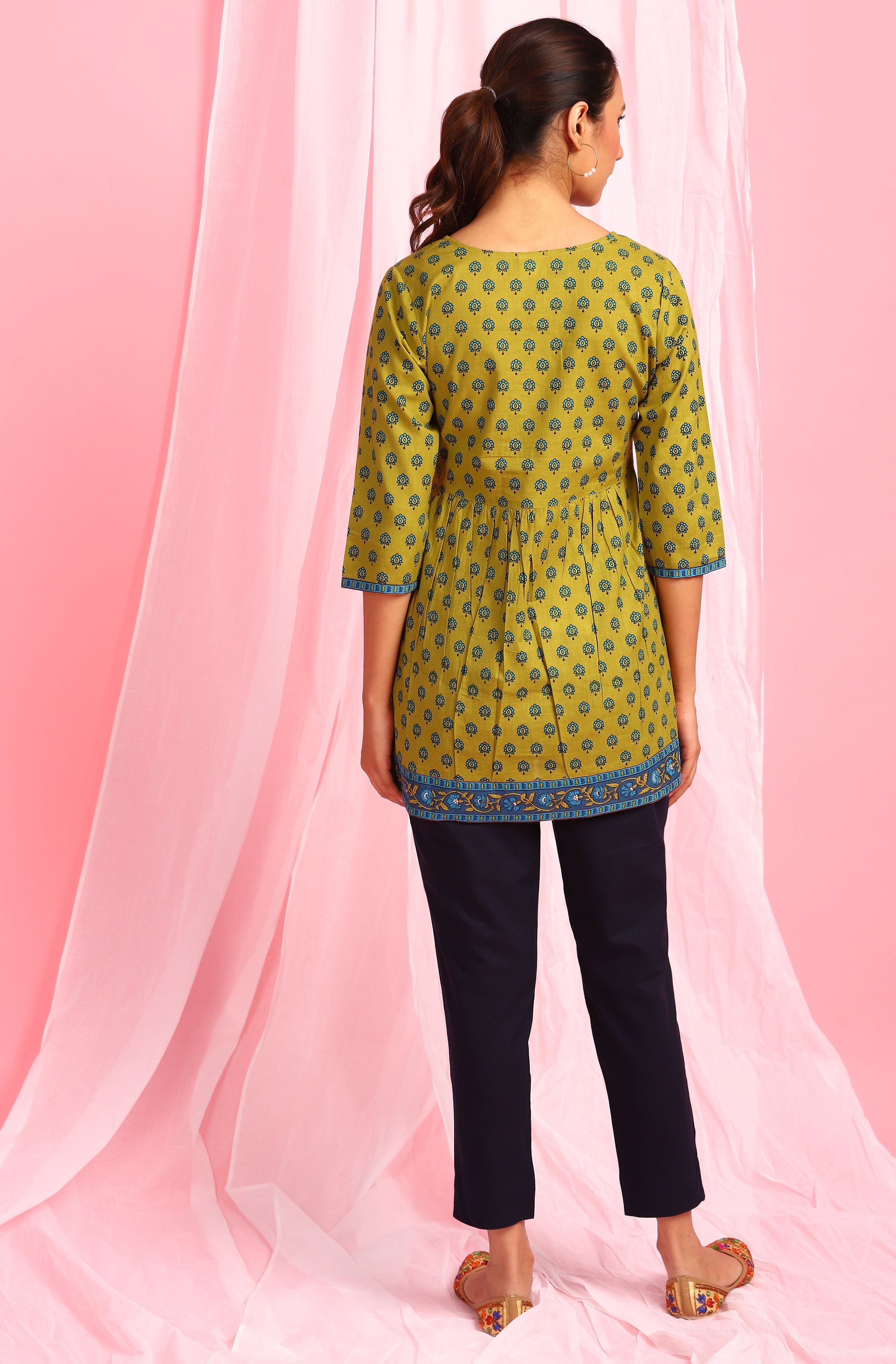 Janasya Women's Green Cotton Ethnic Motifs Empire Waist Tunic | Grocsy