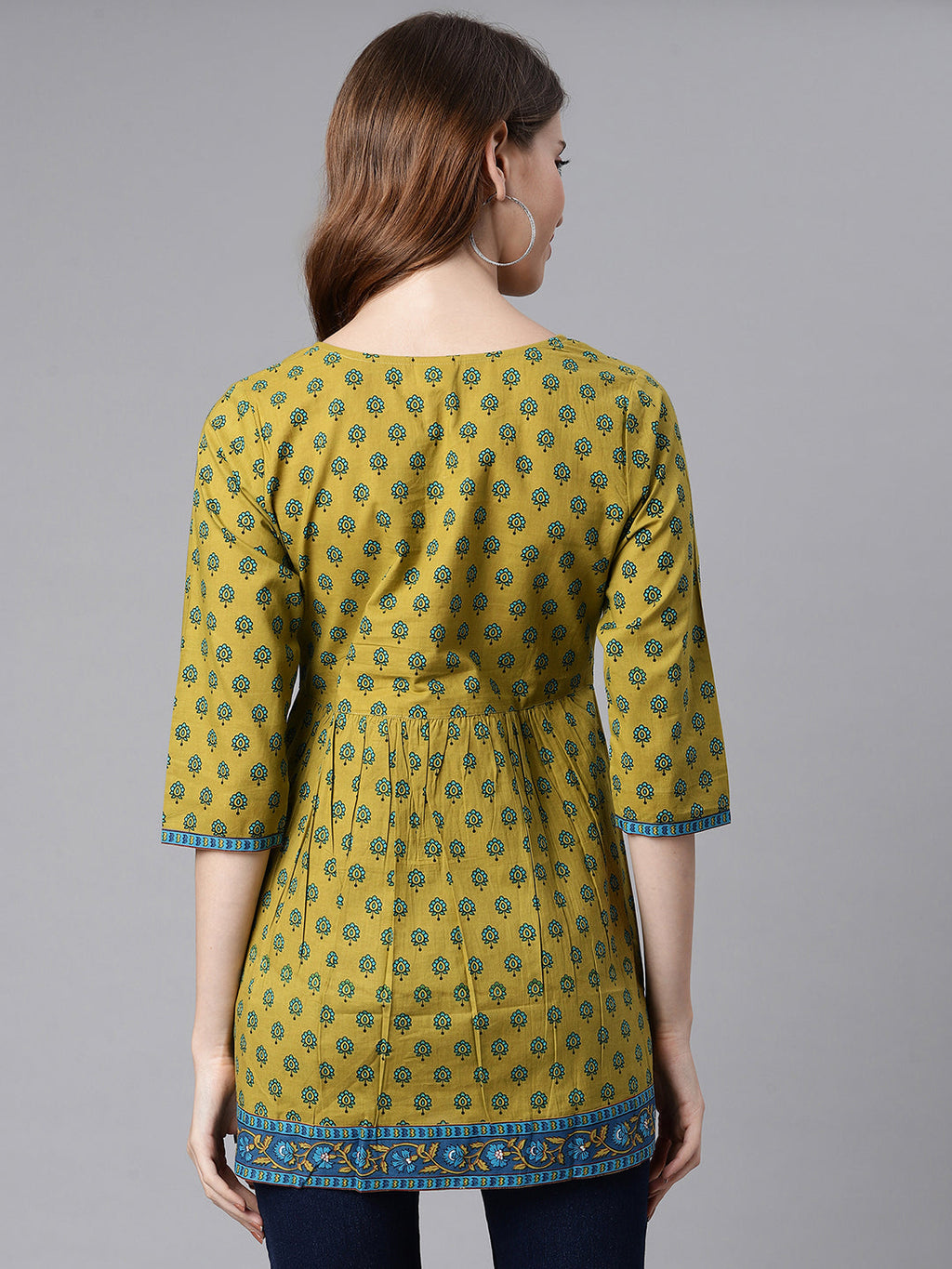 Janasya Women's Green Cotton Ethnic Motifs Empire Waist Tunic | Grocsy