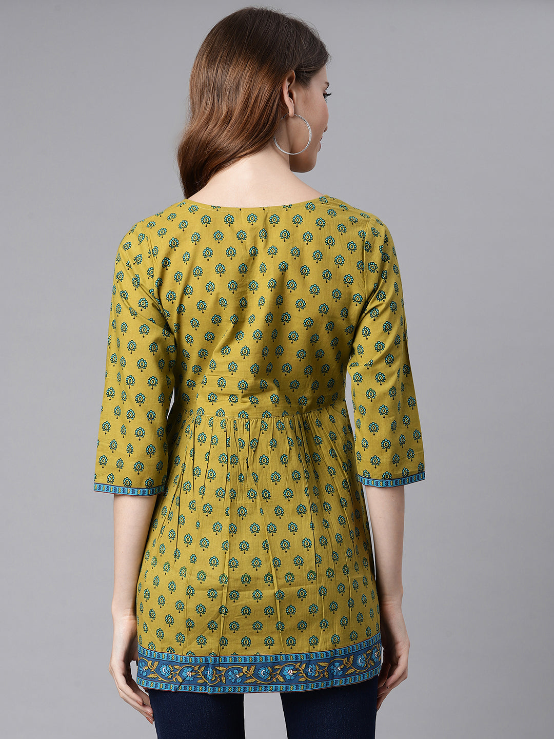 Janasya Women's Green Cotton Ethnic Motifs Empire Waist Tunic | Grocsy