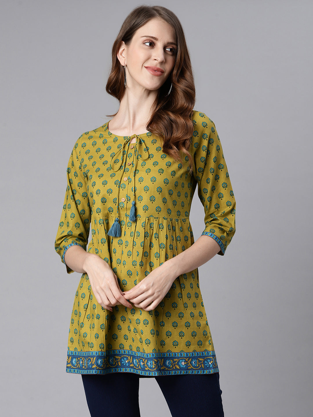 Janasya Women's Green Cotton Ethnic Motifs Empire Waist Tunic | Grocsy