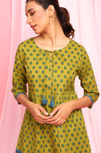 Janasya Women's Green Cotton Ethnic Motifs Empire Waist Tunic | Grocsy