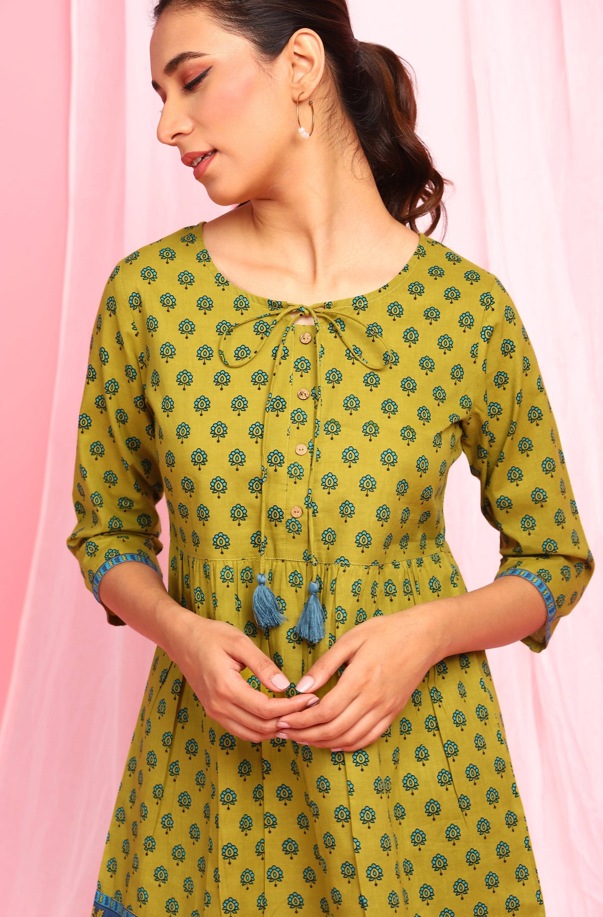 Janasya Women's Green Cotton Ethnic Motifs Empire Waist Tunic | Grocsy