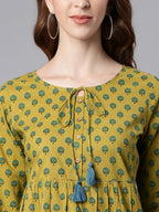 Janasya Women's Green Cotton Ethnic Motifs Empire Waist Tunic | Grocsy