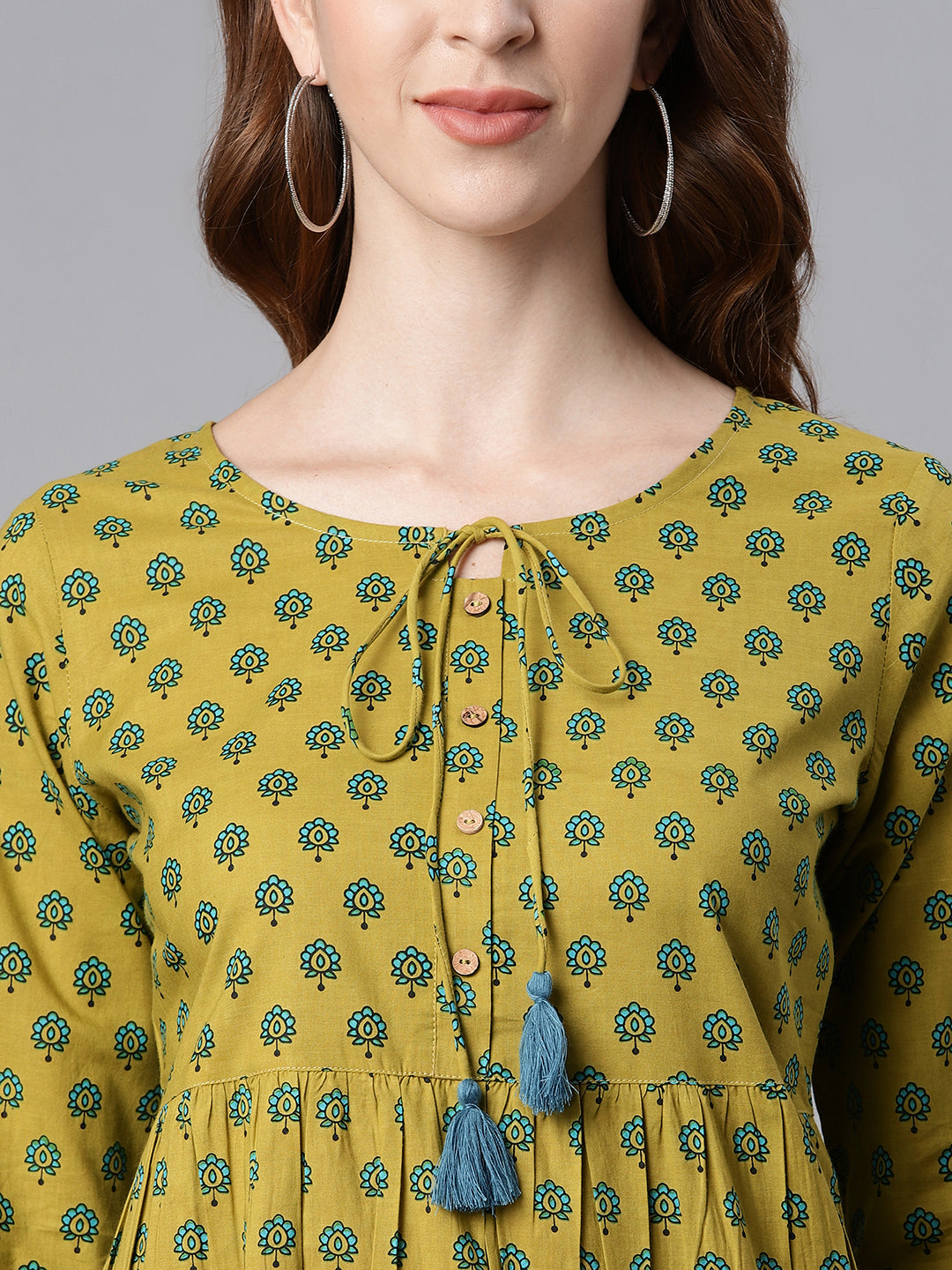 Janasya Women's Green Cotton Ethnic Motifs Empire Waist Tunic | Grocsy