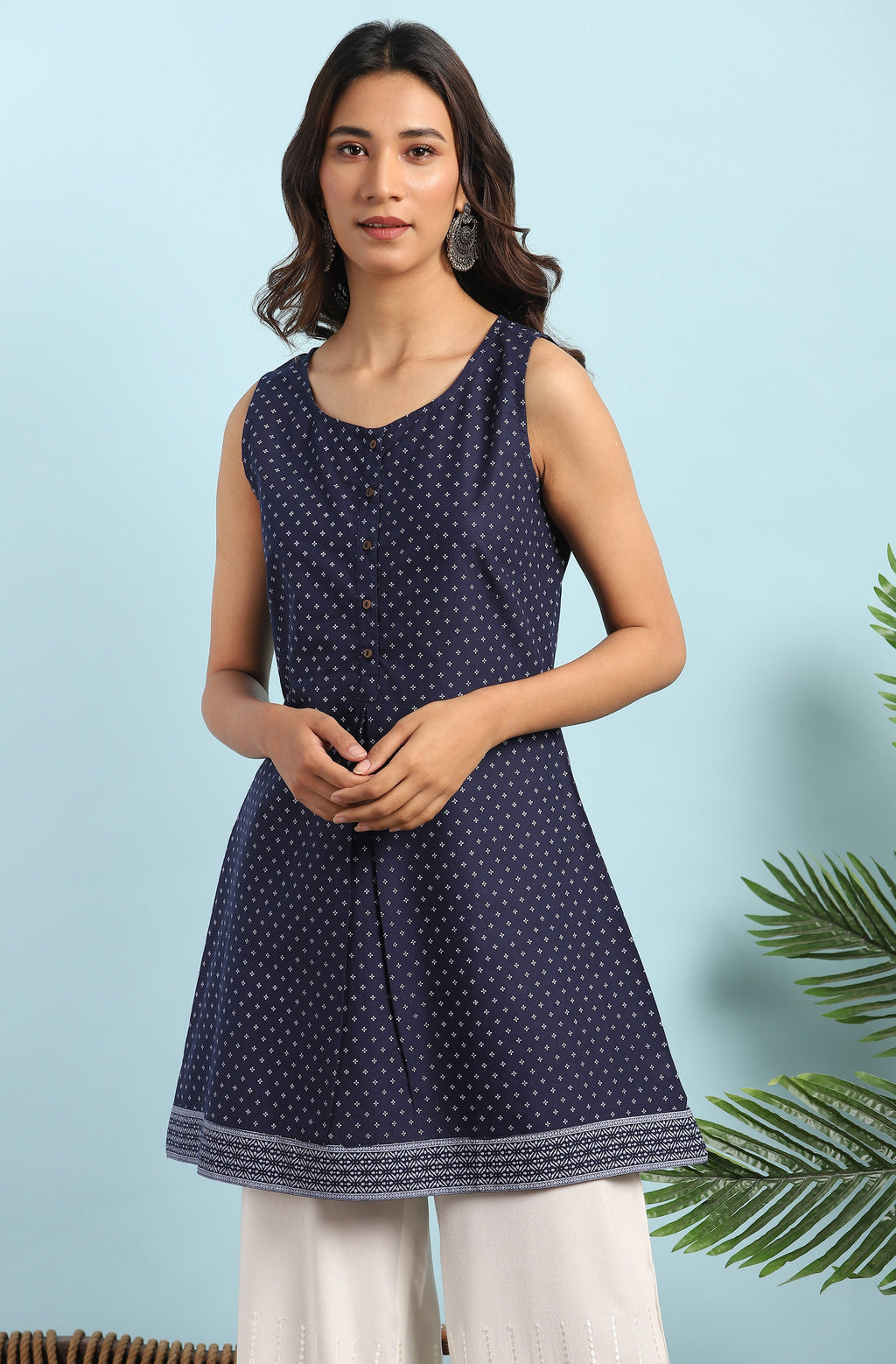 Janasya Women's Navy Blue Cotton Floral Print A-Line Tunic | Grocsy