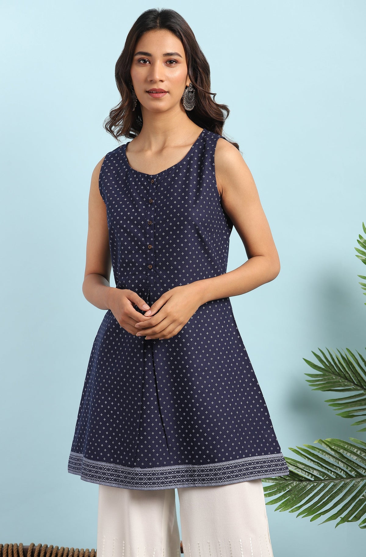 Janasya Women's Navy Blue Cotton Floral Print A-Line Tunic | Grocsy