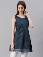 Janasya Women's Navy Blue Cotton Floral Print A-Line Tunic | Grocsy