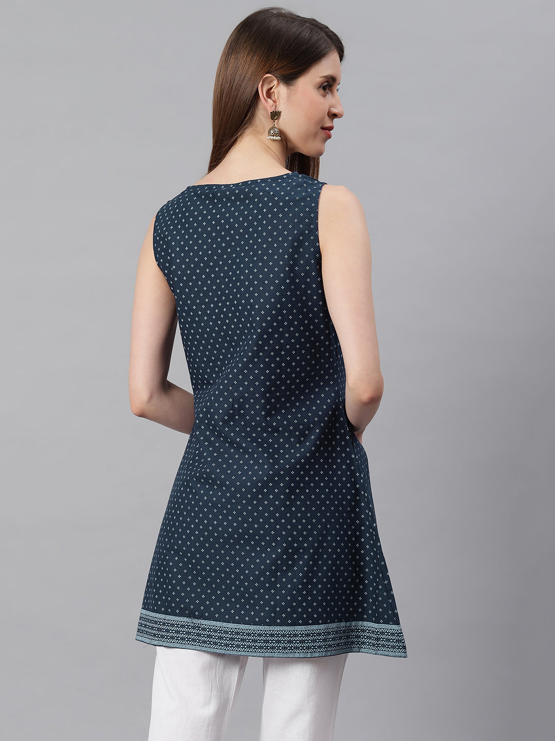 Janasya Women's Navy Blue Cotton Floral Print A-Line Tunic | Grocsy