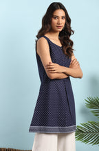 Janasya Women's Navy Blue Cotton Floral Print A-Line Tunic | Grocsy