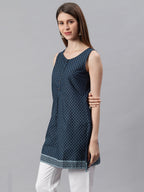 Janasya Women's Navy Blue Cotton Floral Print A-Line Tunic | Grocsy