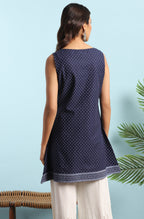 Janasya Women's Navy Blue Cotton Floral Print A-Line Tunic | Grocsy