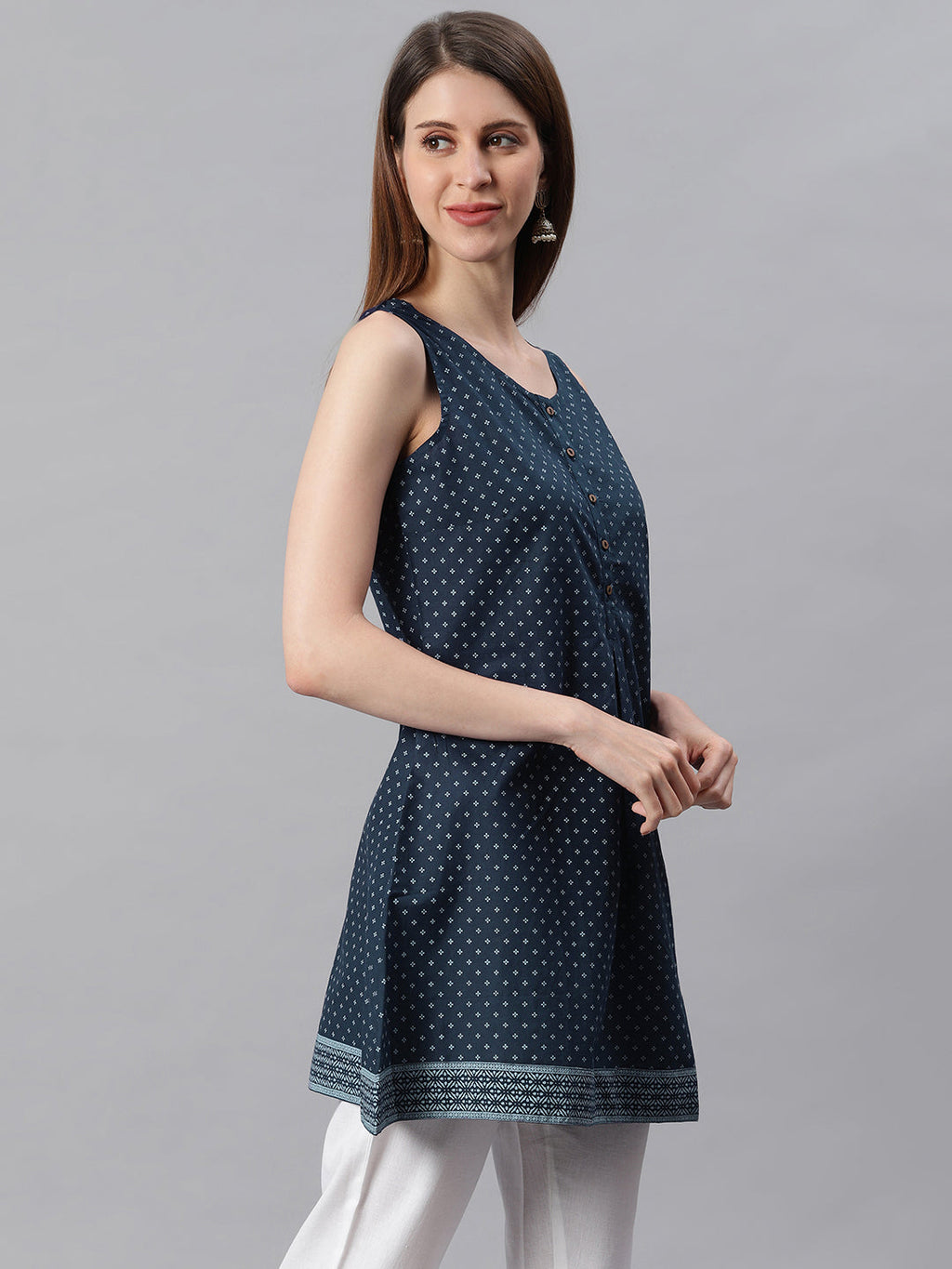 Janasya Women's Navy Blue Cotton Floral Print A-Line Tunic | Grocsy