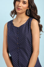 Janasya Women's Navy Blue Cotton Floral Print A-Line Tunic | Grocsy