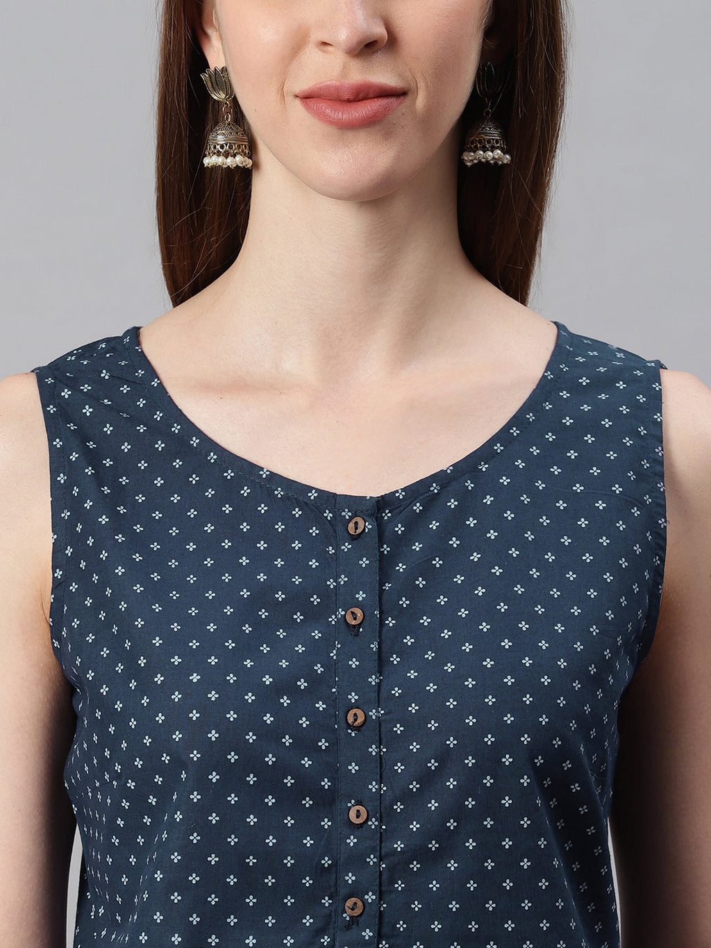 Janasya Women's Navy Blue Cotton Floral Print A-Line Tunic | Grocsy