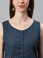 Janasya Women's Navy Blue Cotton Floral Print A-Line Tunic | Grocsy