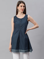 Janasya Women's Navy Blue Cotton Floral Print A-Line Tunic | Grocsy