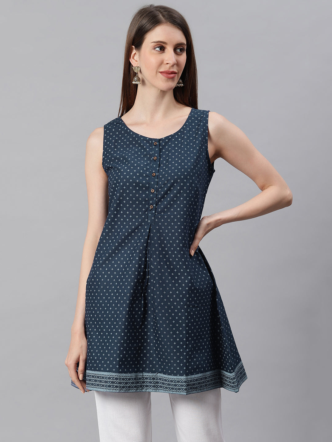 Janasya Women's Navy Blue Cotton Floral Print A-Line Tunic | Grocsy