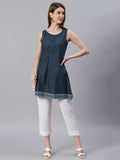 Janasya Women's Navy Blue Cotton Floral Print A-Line Tunic | Grocsy