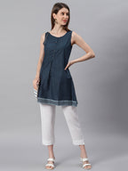 Janasya Women's Navy Blue Cotton Floral Print A-Line Tunic | Grocsy
