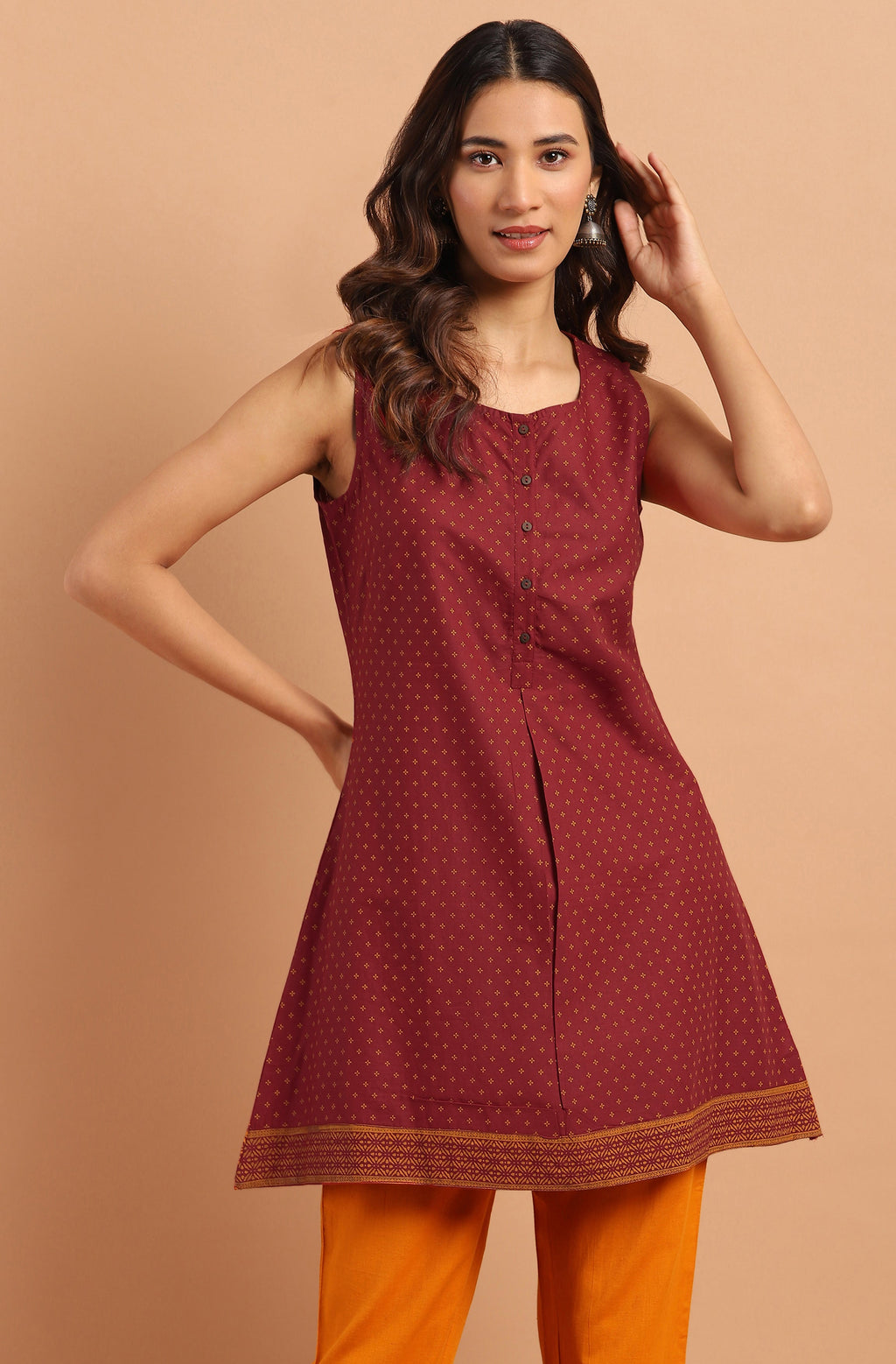 Janasya Women's Maroon Cotton Floral Print A-Line Tunic | Grocsy