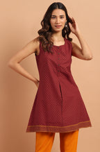 Janasya Women's Maroon Cotton Floral Print A-Line Tunic | Grocsy
