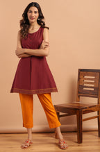 Janasya Women's Maroon Cotton Floral Print A-Line Tunic | Grocsy