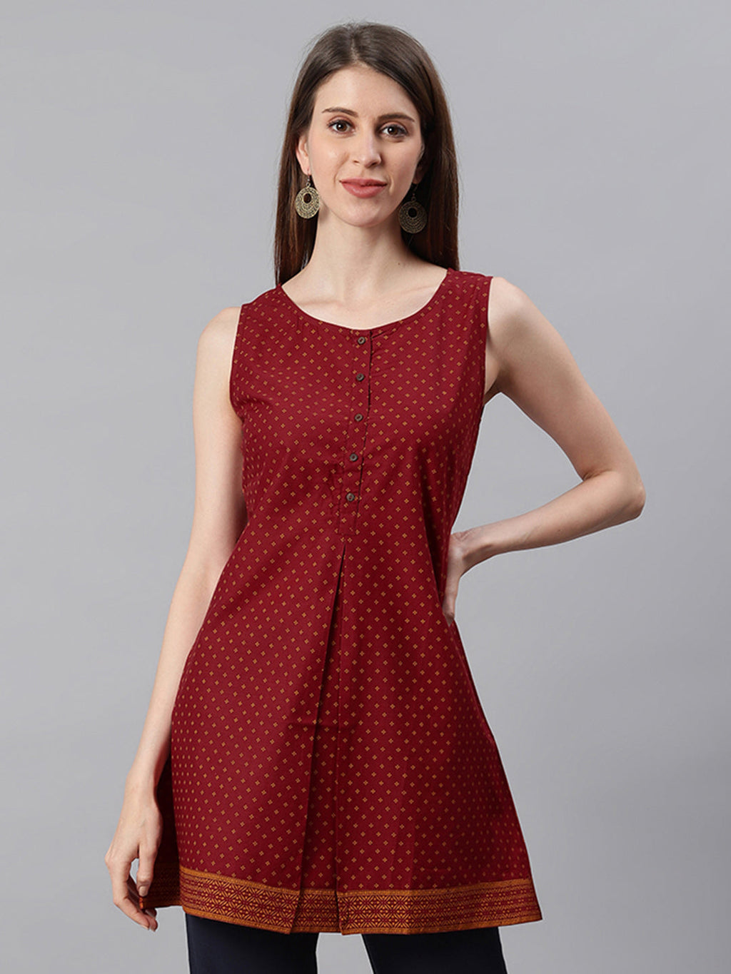 Janasya Women's Maroon Cotton Floral Print A-Line Tunic | Grocsy