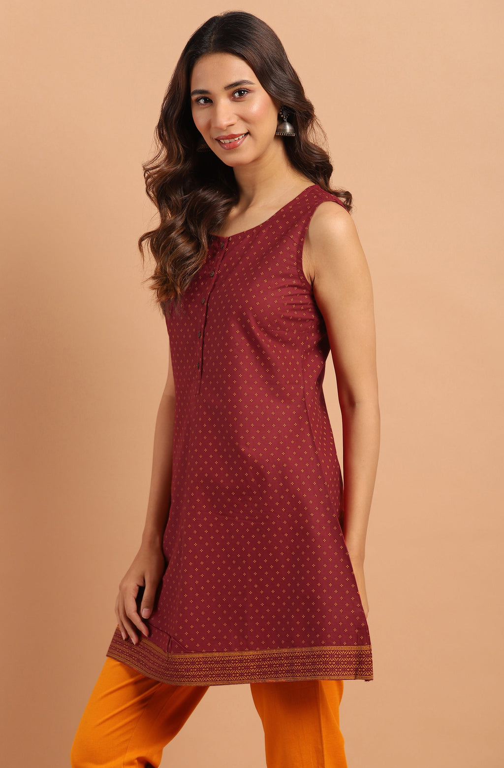 Janasya Women's Maroon Cotton Floral Print A-Line Tunic | Grocsy
