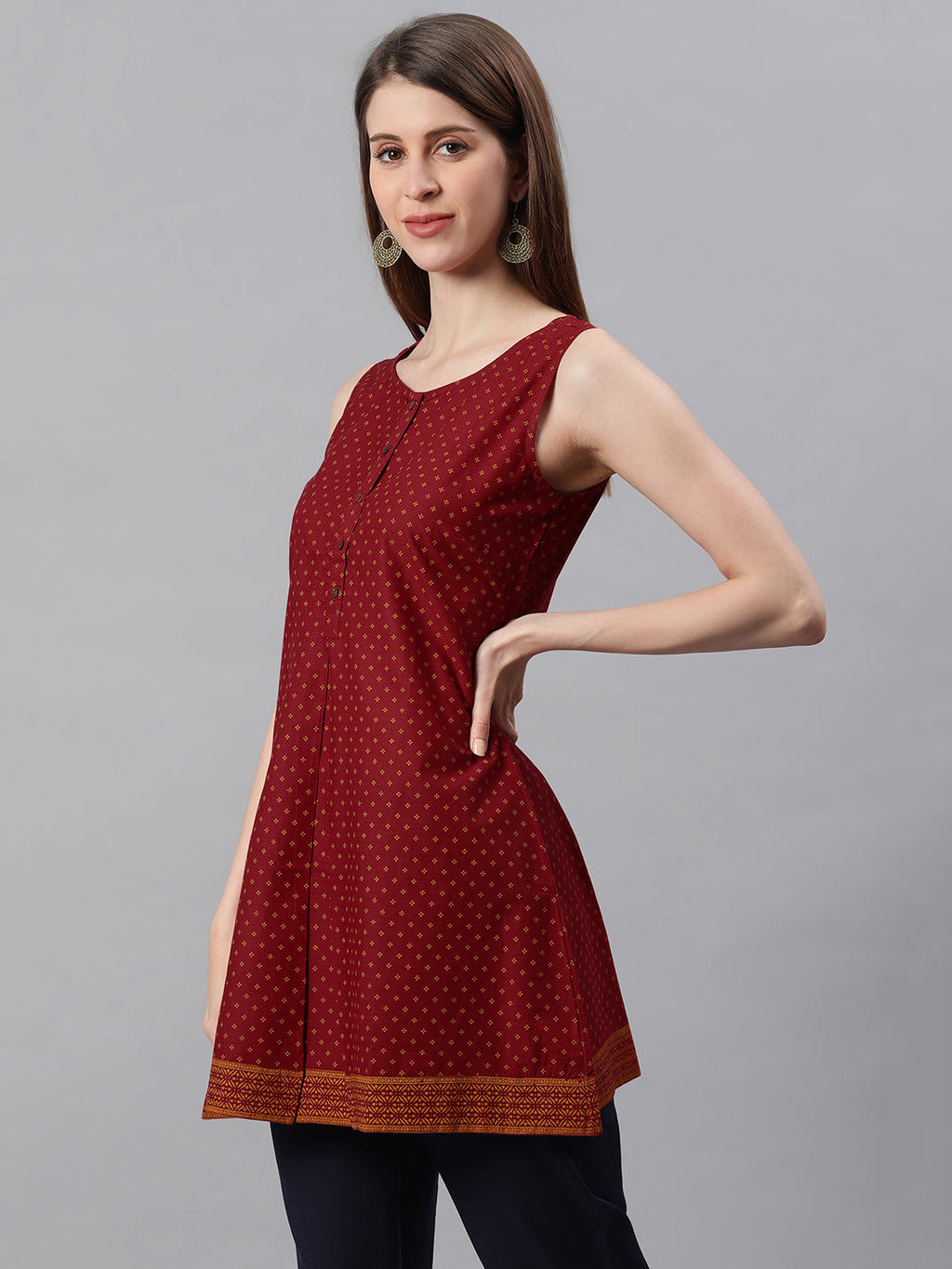 Janasya Women's Maroon Cotton Floral Print A-Line Tunic | Grocsy