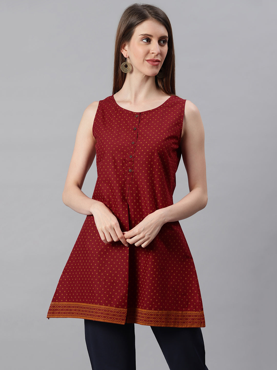 Janasya Women's Maroon Cotton Floral Print A-Line Tunic | Grocsy