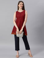 Janasya Women's Maroon Cotton Floral Print A-Line Tunic | Grocsy