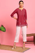Janasya Women's Maroon Cotton Embroidered Trapeze Tunic | Grocsy