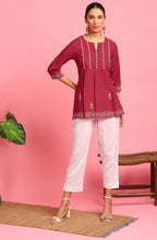 Janasya Women's Maroon Cotton Embroidered Trapeze Tunic | Grocsy