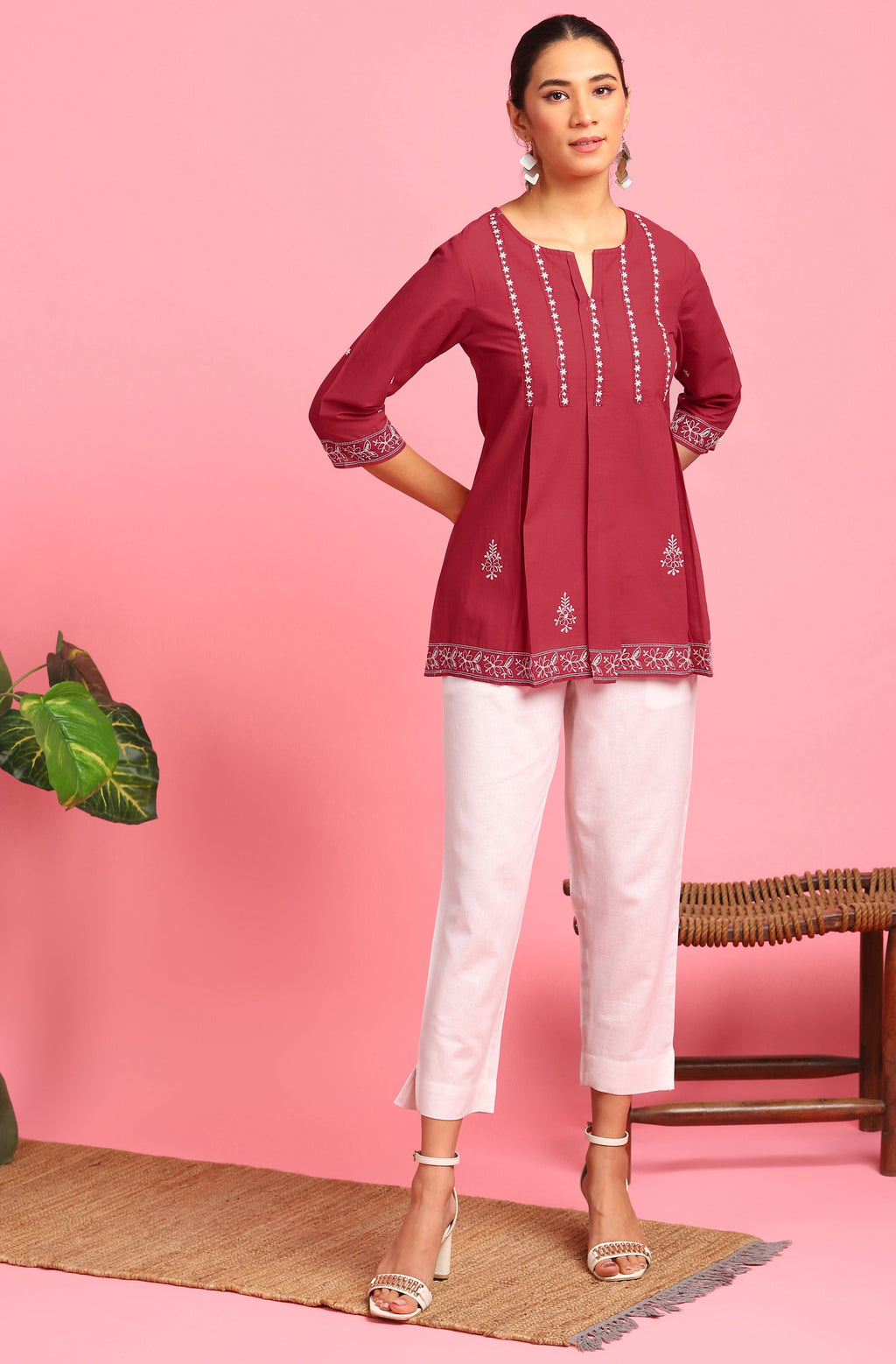 Janasya Women's Maroon Cotton Embroidered Trapeze Tunic | Grocsy