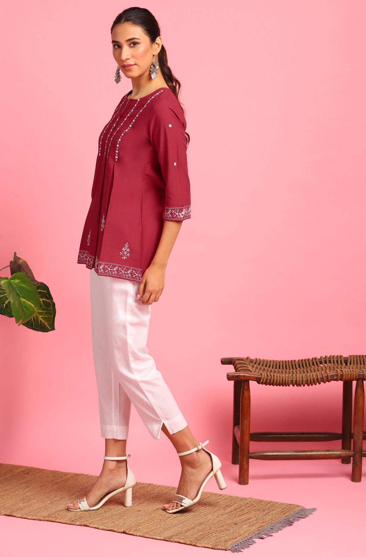 Janasya Women's Maroon Cotton Embroidered Trapeze Tunic | Grocsy