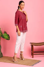 Janasya Women's Maroon Cotton Embroidered Trapeze Tunic | Grocsy