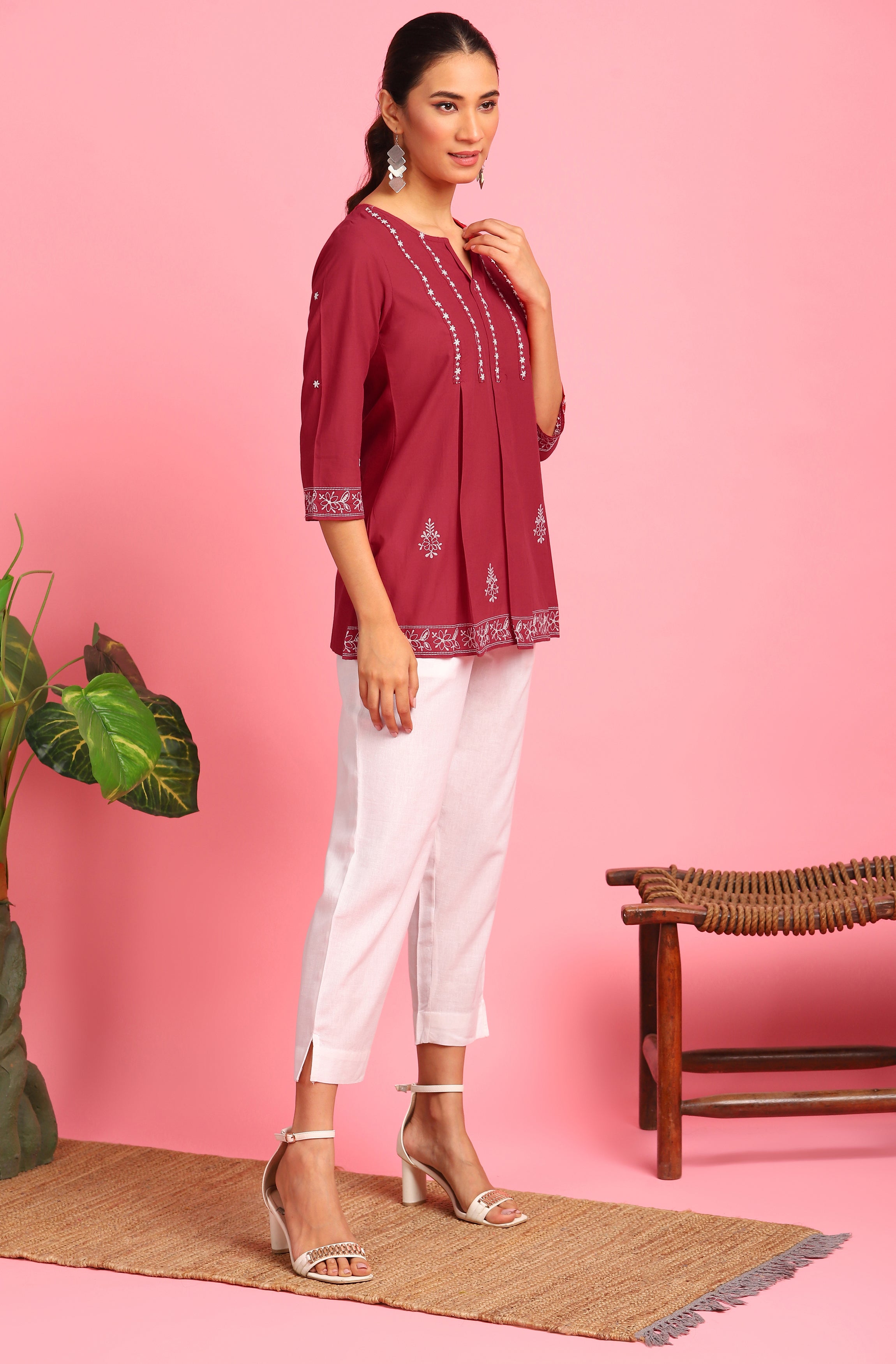 Janasya Women's Maroon Cotton Embroidered Trapeze Tunic | Grocsy