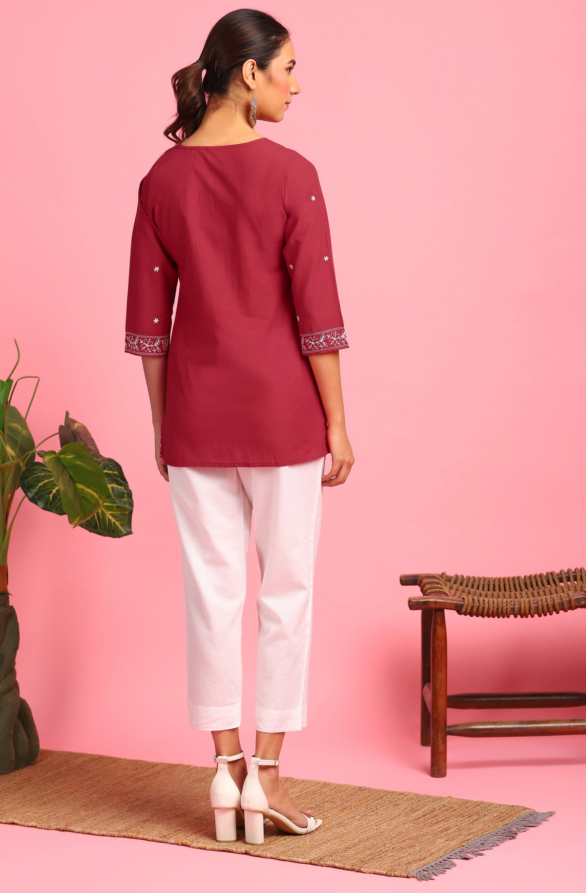 Janasya Women's Maroon Cotton Embroidered Trapeze Tunic | Grocsy