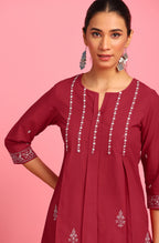 Janasya Women's Maroon Cotton Embroidered Trapeze Tunic | Grocsy